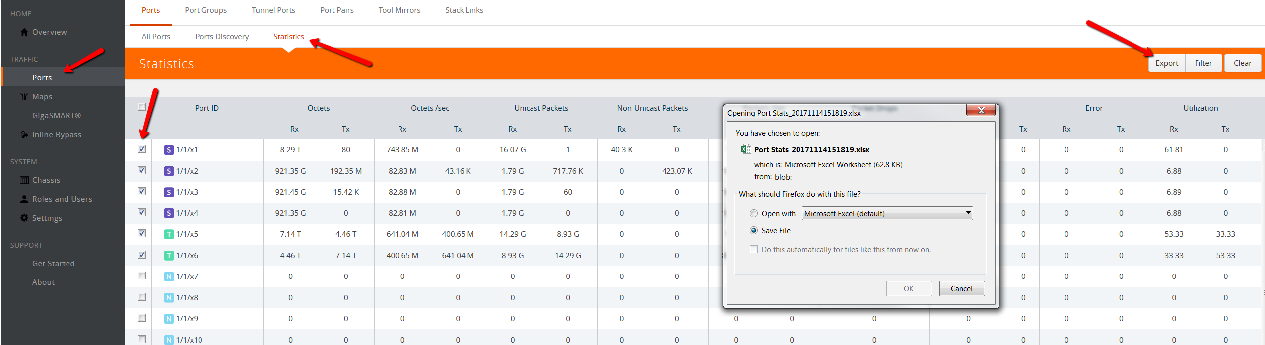 How to export port statistics from the GUI?